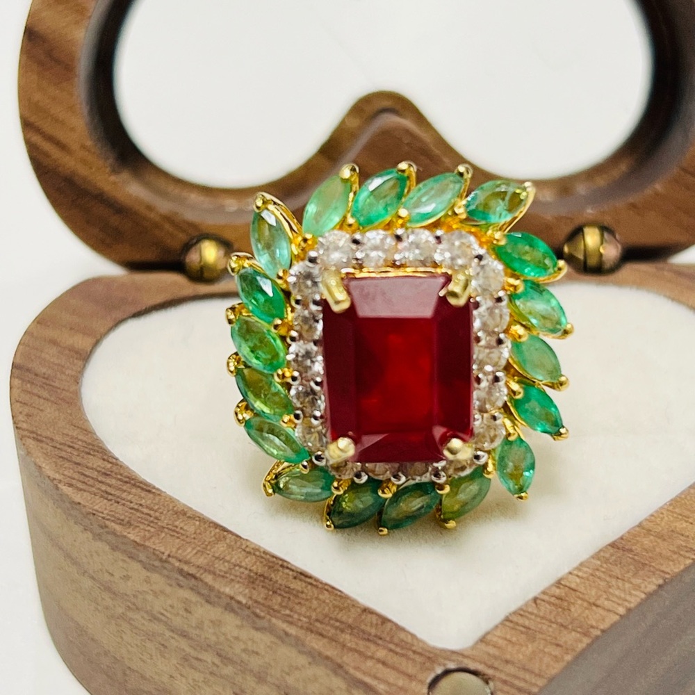Genuine Ruby and Genuine Colombian Emerald Halo Ring